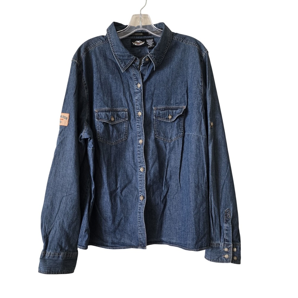 Harley Davidson Long Sleeve Blue Denim Button Down Shirt  Adj Sleeve Women SZ 2W